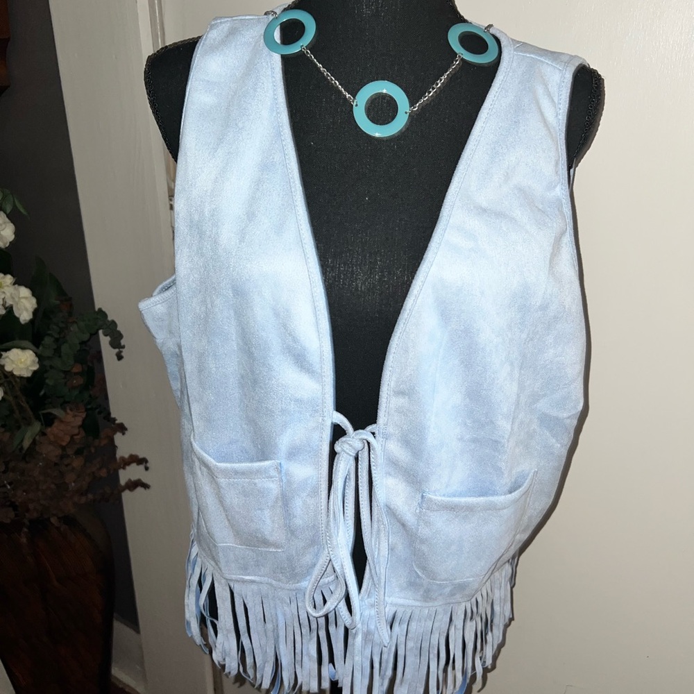 Baby Blue Fringe Faux Suede Vest size 14 - Picture 2 of 7